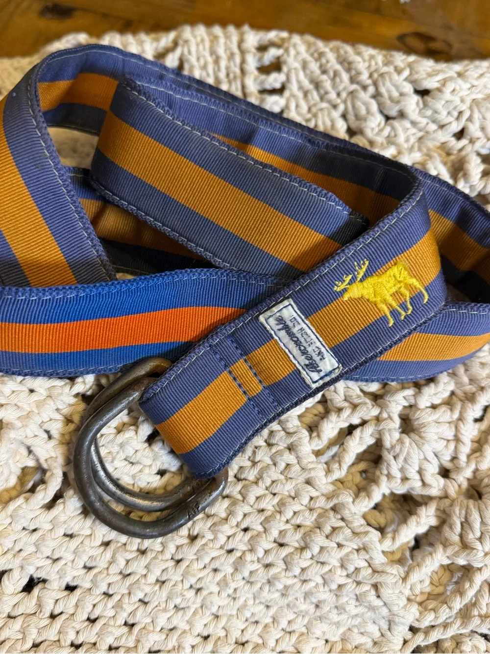 Vintage Y2K Abercrombie & Fitch Moose D Ring Belt Blue Orange Stripe Preppy